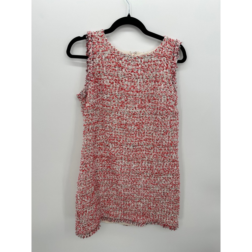 Ann Taylor Women Red White Tweed Sleeveless Shift Dress Size 10 Frayed Trim